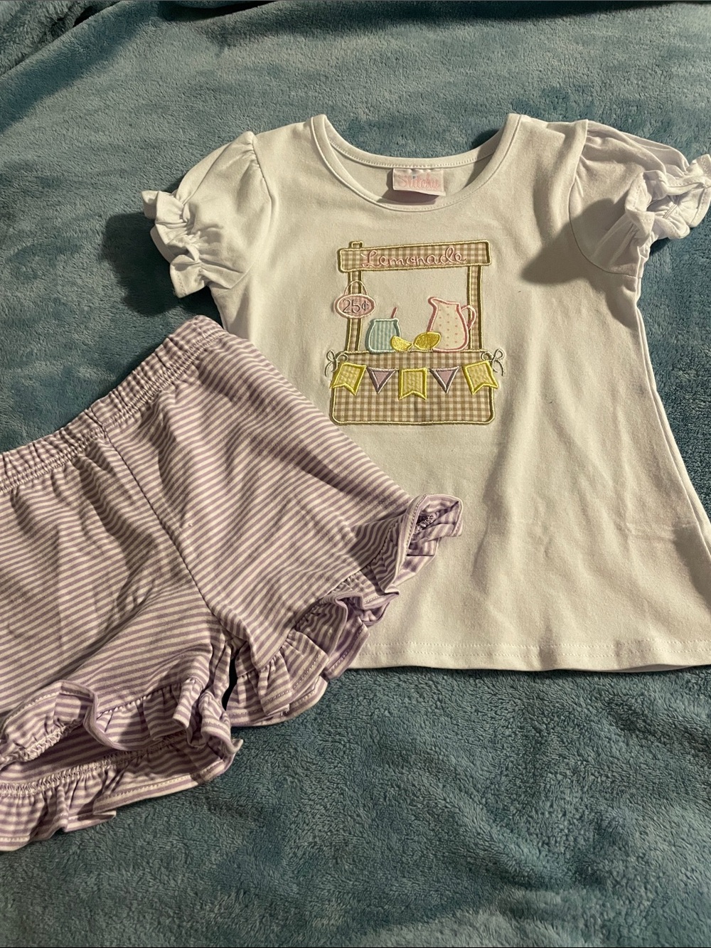 Girls White Top & Lavender Striped Ruffle Shorts Set